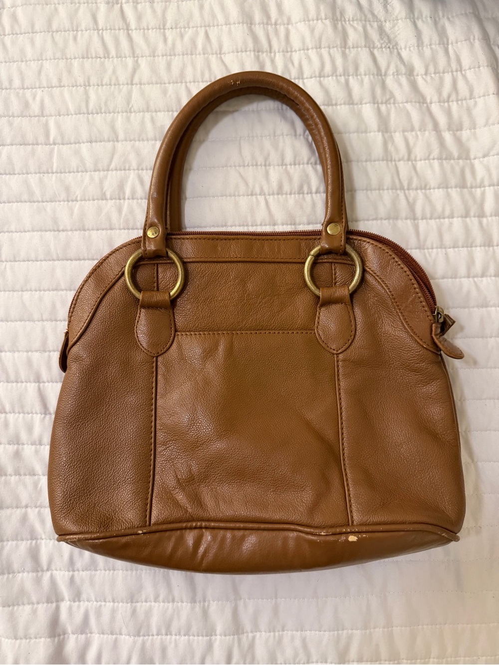 Structured Tan Leather Shoulder Bag with Gold Rings